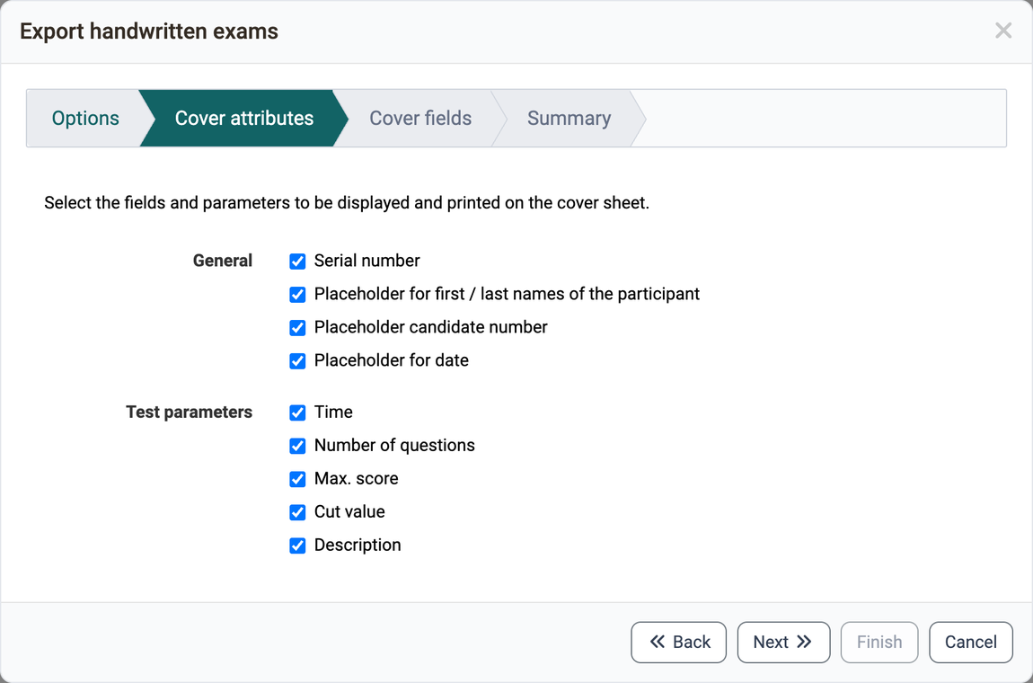 Under General the serial number and the placeholders for name, candidate number and date, under Test parameters time, number of questions, max. score, cut value and description