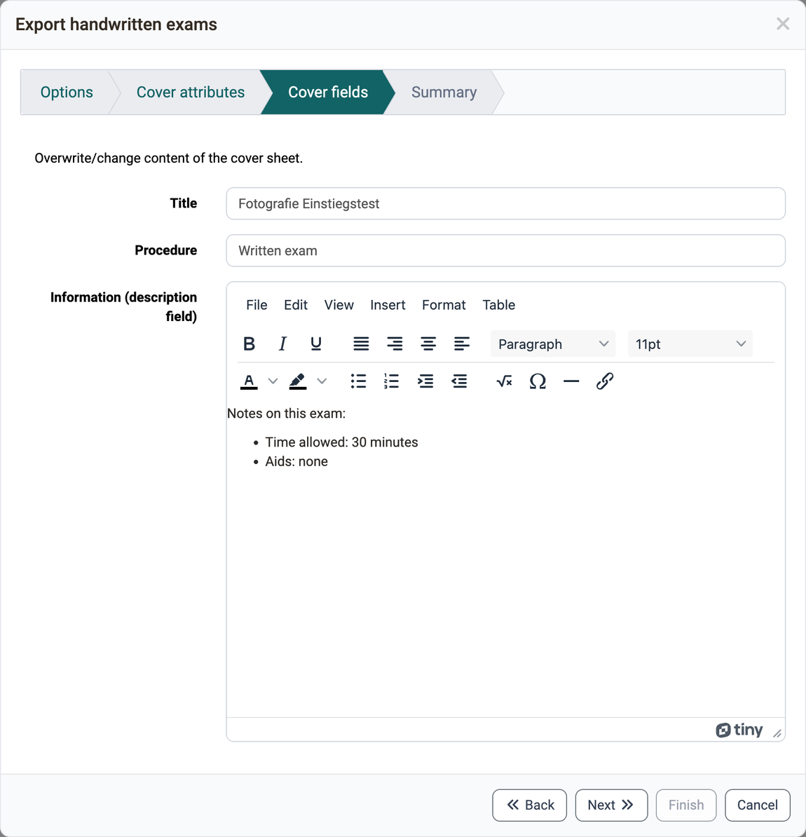Title and procedure of the cover sheet as text fields, below them the text editor for the notes on the exam