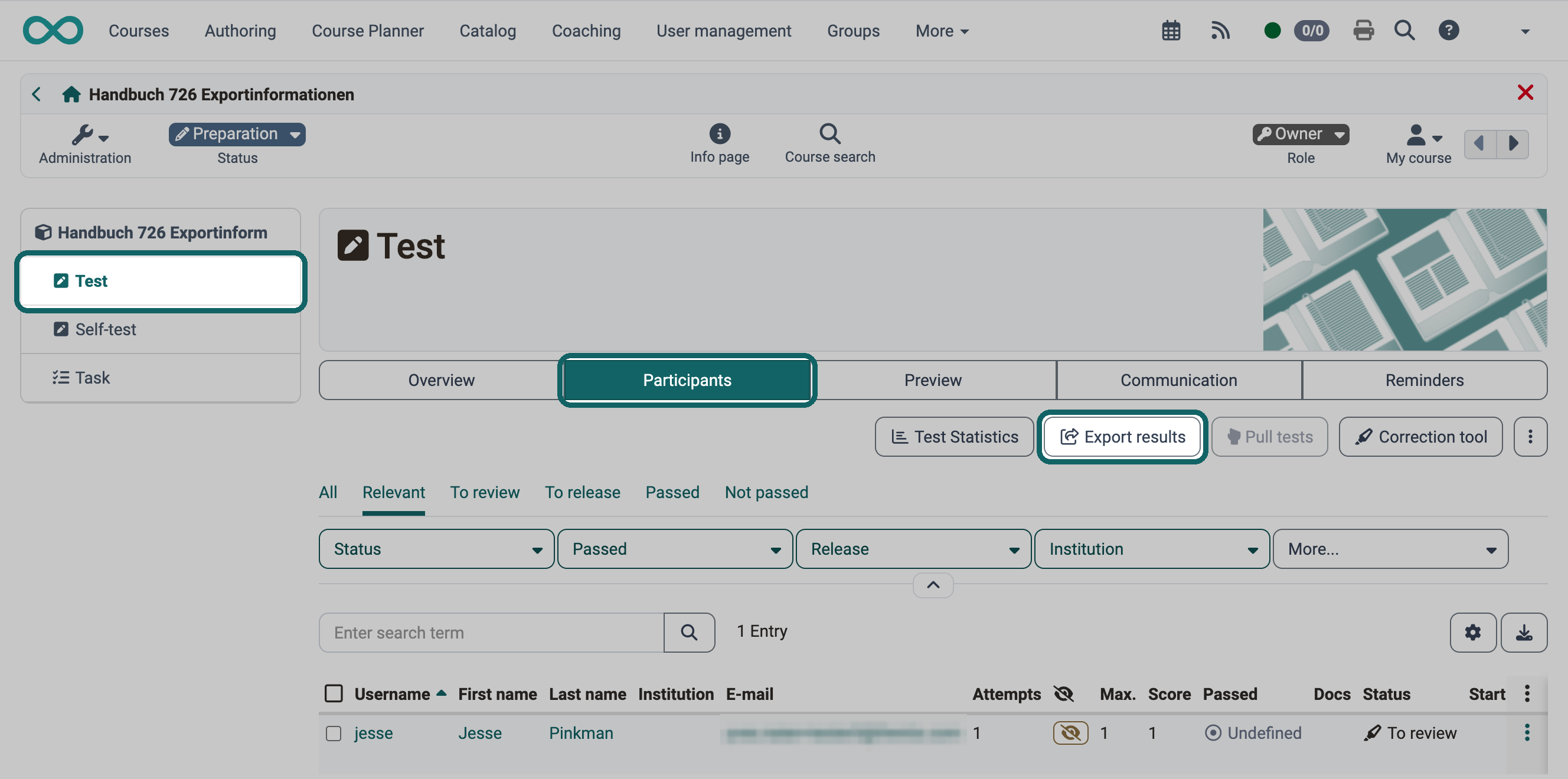 Finding the export of test results: course element Test in the course menu, tab Participants and button Export results marked