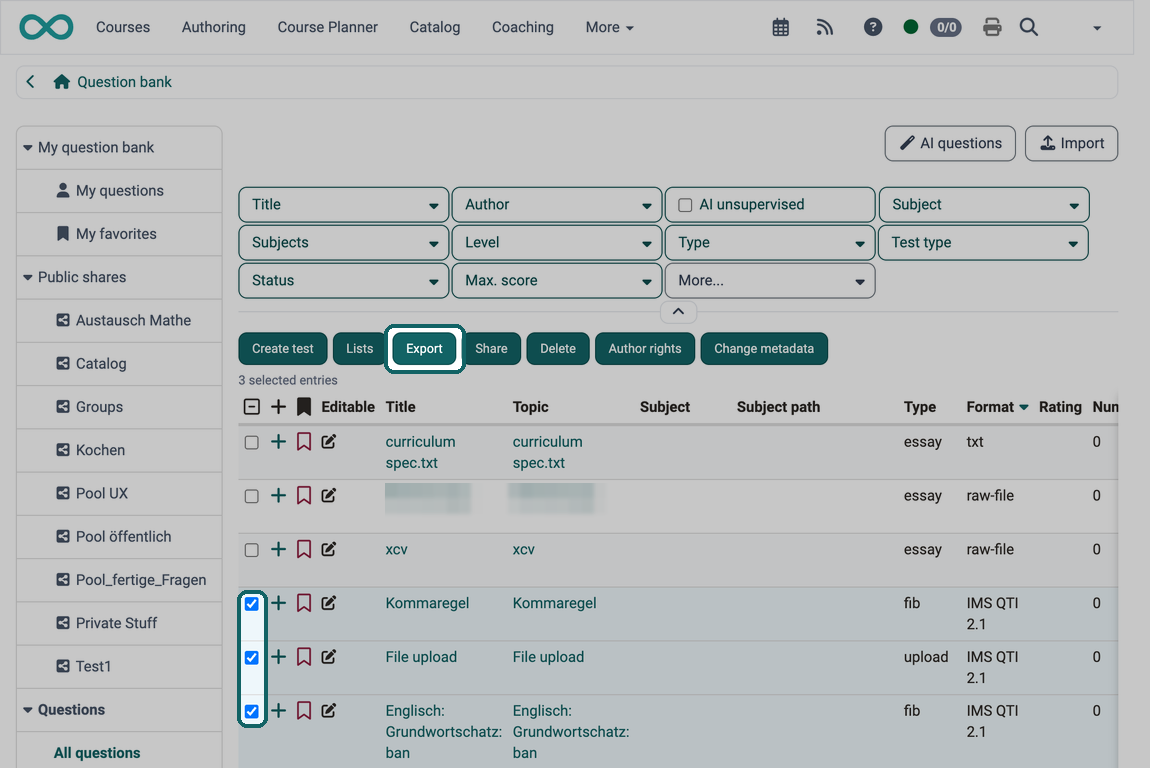 Three selected questions in the format IMS QTI 2.1 and the Export button above the list marked