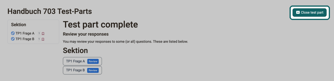 Page Test part complete with the list of questions to review and the Close test part button