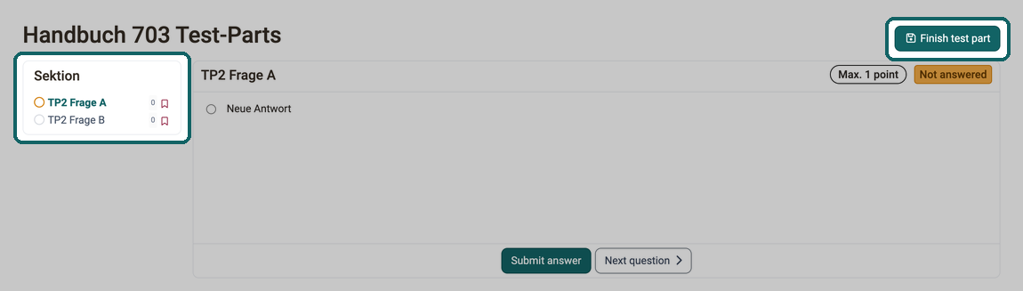 Menu on the left with the questions of the current test part, at the top right the Finish test part button
