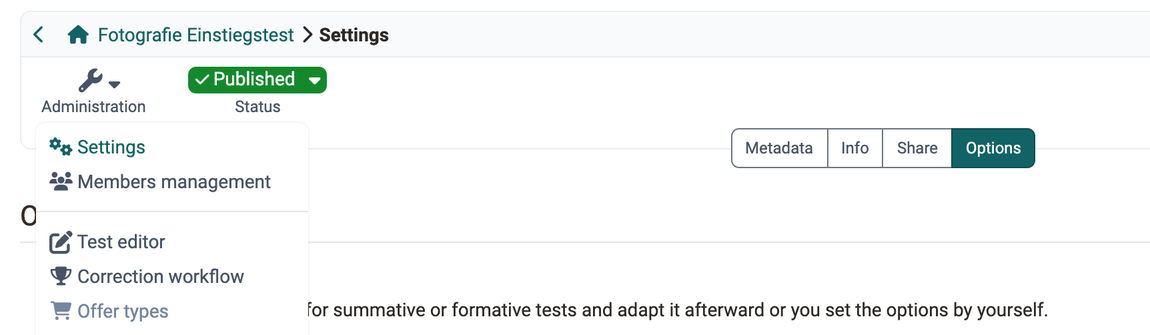 Tabs "Metadata", "Info", "Share" and "Options", with "Options" active, on the left the opened Administration menu with the entry "Settings"