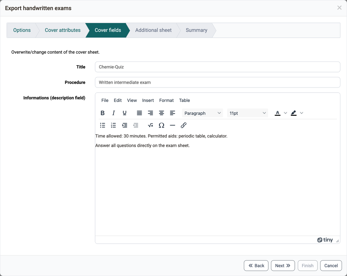 The fields "Title" and "Procedure" and the field "Informations (description field)" with HTML editor, which can be overwritten for the cover sheet