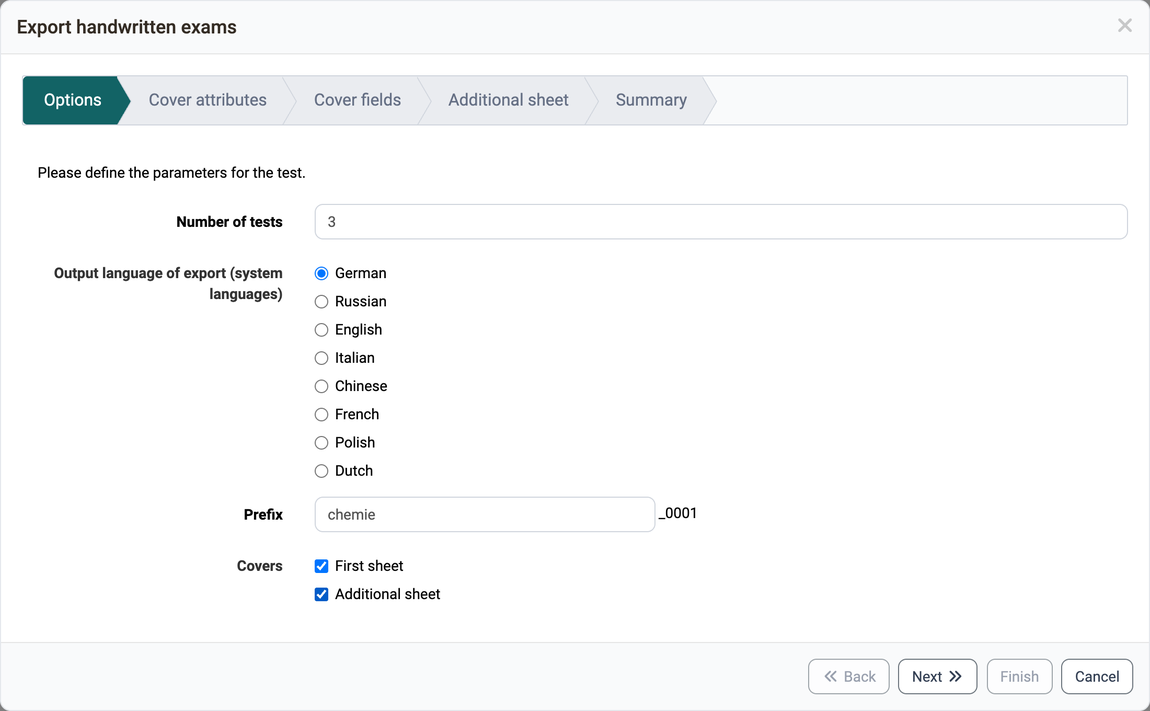 Options step with the fields "Number of tests", "Output language of export" and "Prefix" and the choice "First sheet" and "Additional sheet" under Covers