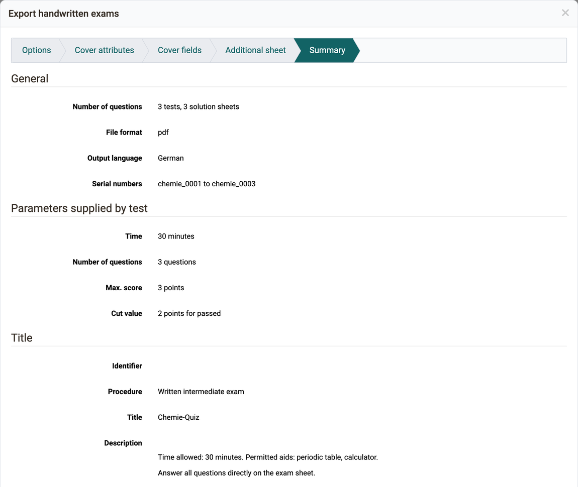 Number of tests and solution sheets, file format, output language, serial numbers, the parameters supplied by the test and the details for the cover sheet