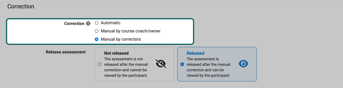 Field Correction with the three variants marked, Manual by correctors selected, below it Release assessment with Not released and Released
