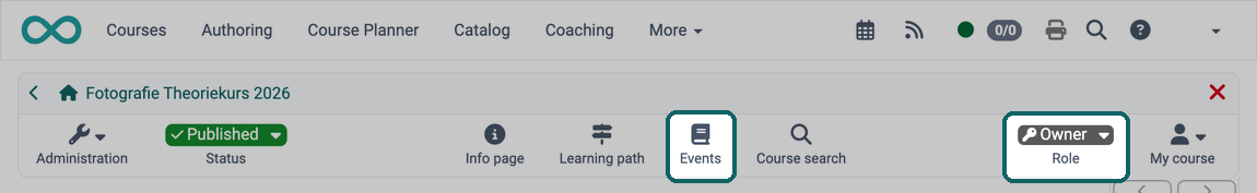 The icon Events in the course toolbar opens the event management, the role shows Owner