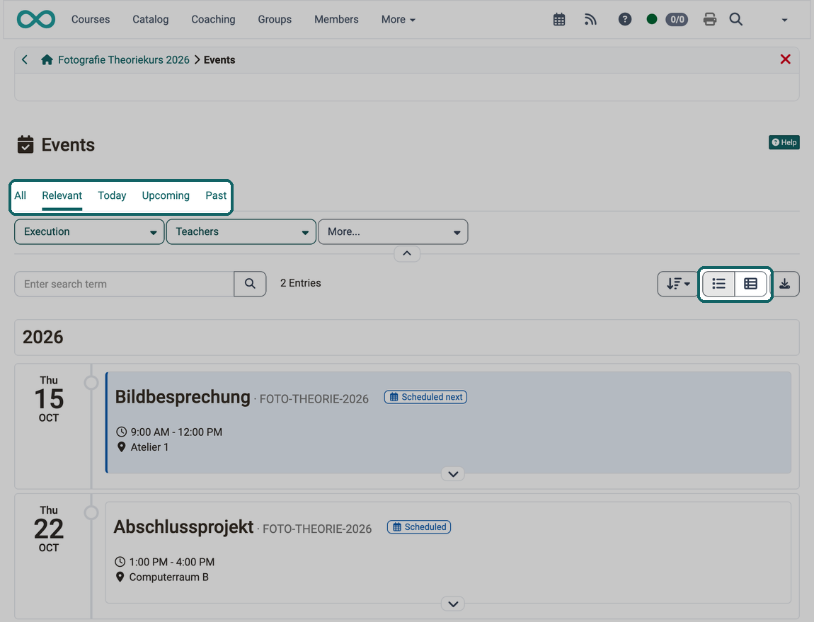 Participants narrow down the event list with the tabs and switch between timeline and table view with the two symbols