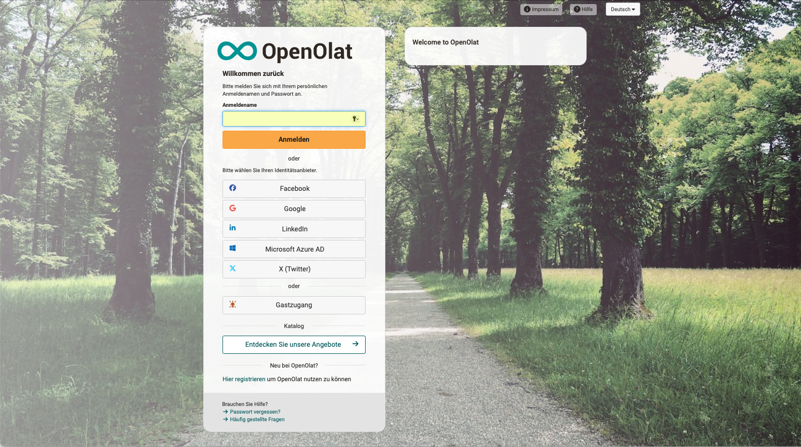 Field Username and button Login, below buttons of identity providers, Guest access, catalog button Explore our offers, link Register here and Forgot password?, login page of OpenOlat