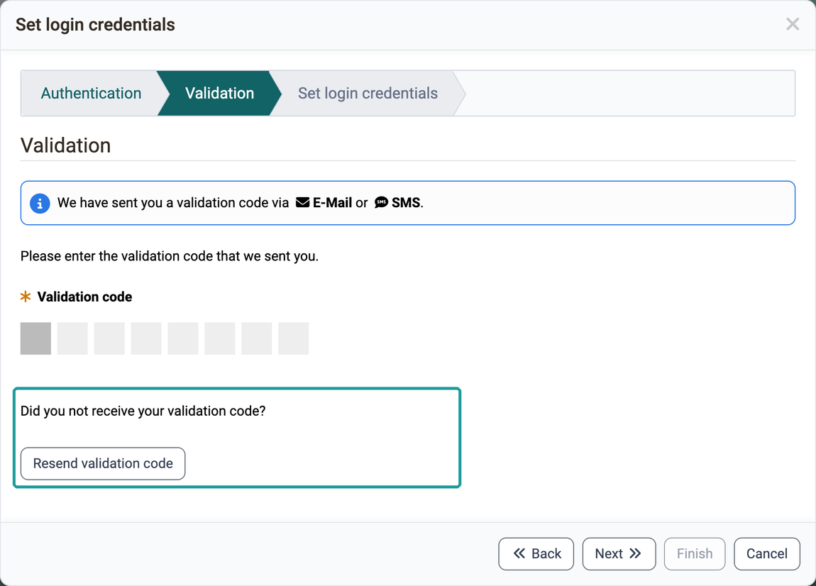Step Validation in the wizard Set login credentials with the field Validation code, highlighted the question Did you not receive your validation code? with the button Resend validation code