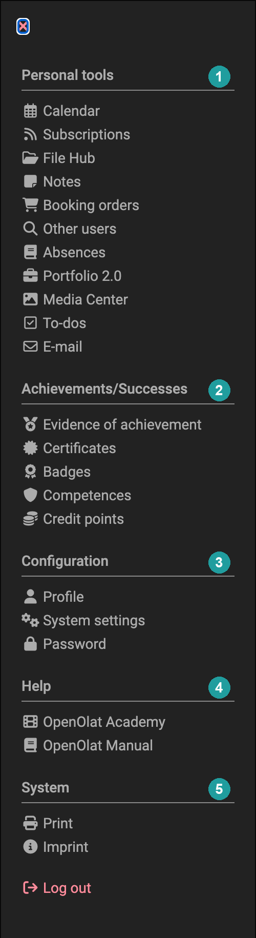 The five sections of the personal menu, numbered 1 to 5, and the entry Log out at the end