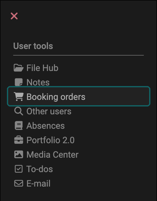 Entry Booking orders, marked with a frame, in the section User tools of the personal menu: entry point to the overview of all booked courses and learning resources