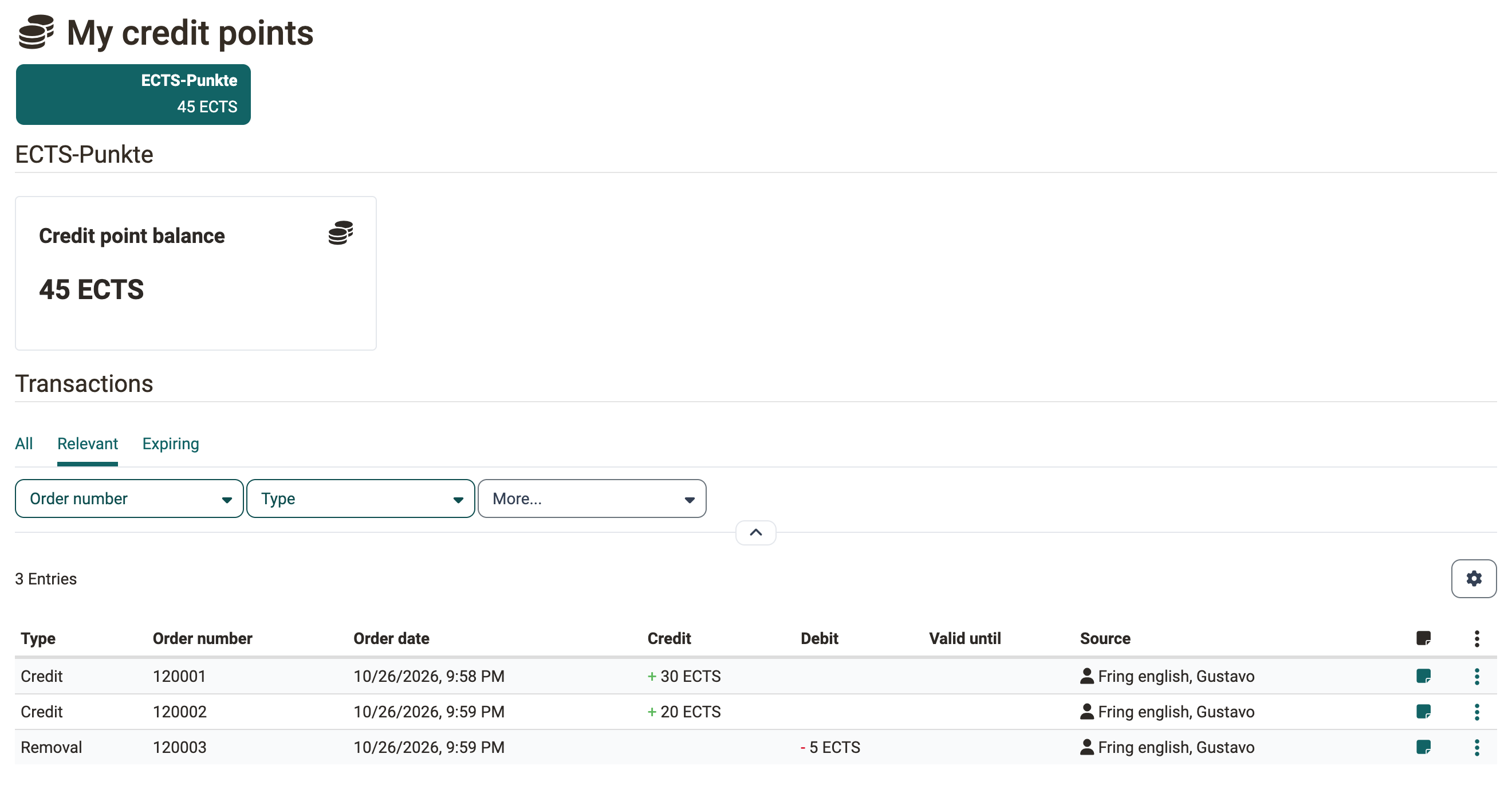 Page My credit points · 2026.10.26 Tile of the credit point system ECTS-Punkte, below it the credit point balance and the table Transactions with two credits and one removal