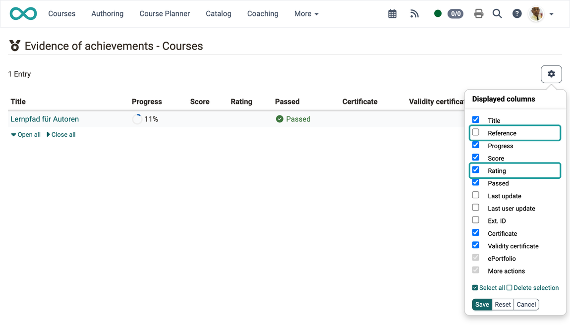 Opened column selection with the marked entries Reference and Rating, in the tool Evidence of achievement