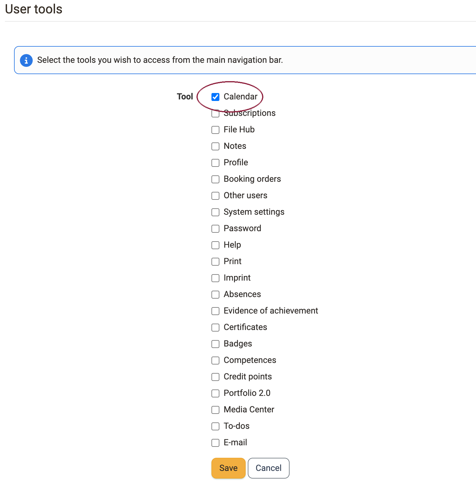 Checkbox Calendar selected, the list also contains Profile, Certificates and Print, in the System tab of the settings
