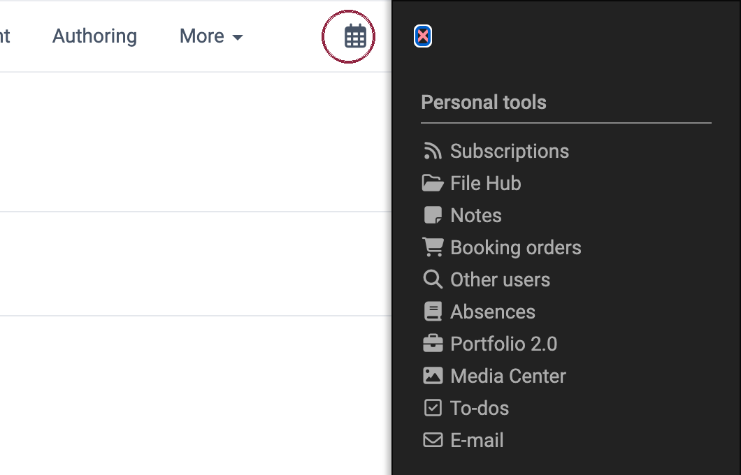Calendar icon in the menu bar, marked with a circle; in the opened personal menu the entry Calendar is missing