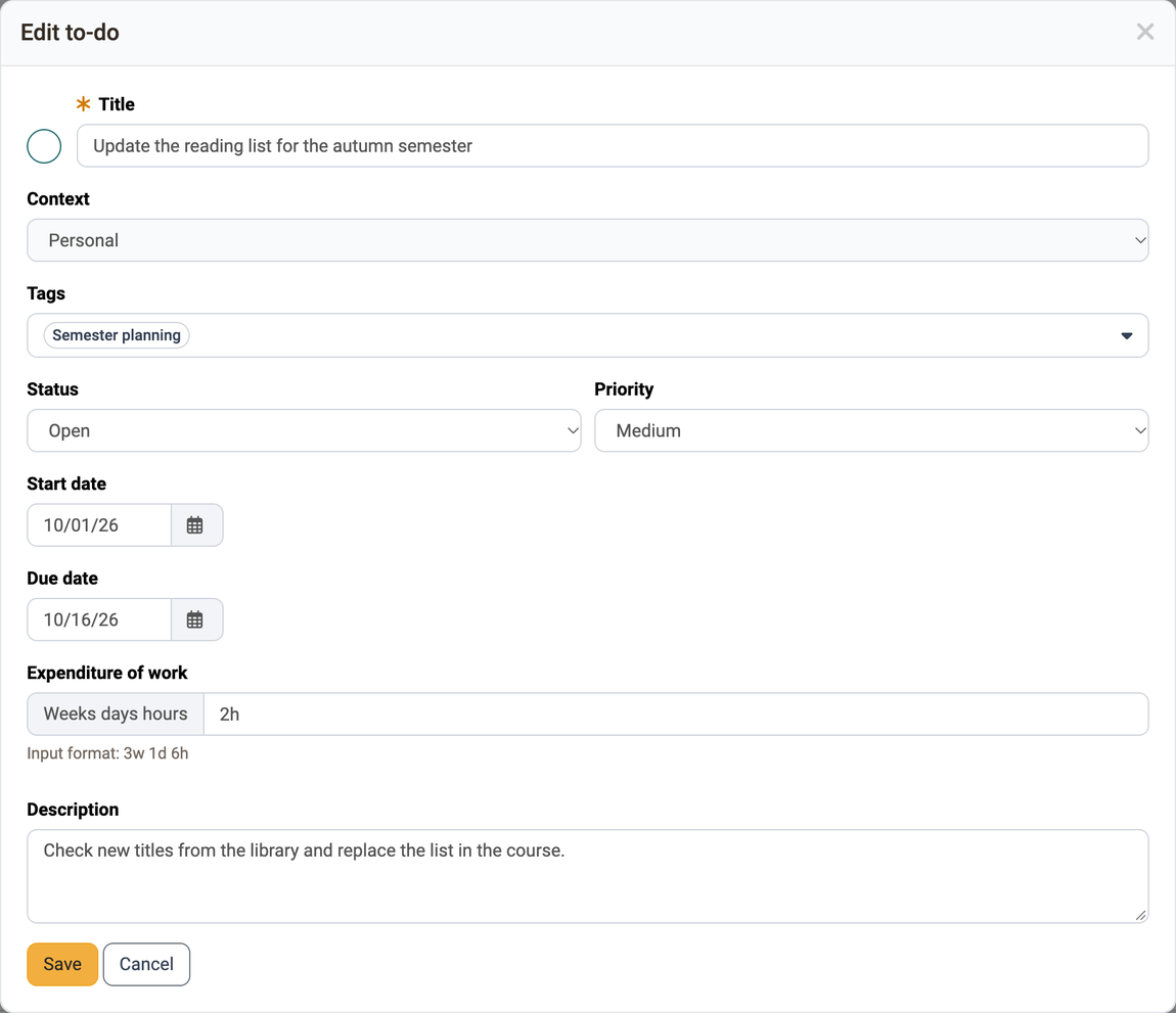 Fields of a new personal to-do, Title marked as mandatory, plus Context, Tags, Status, Priority, Start date, Due date, Expenditure of work and Description