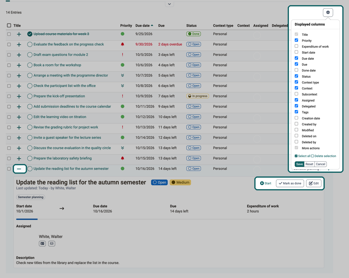 Expanded row with the quick actions Start, Mark as done and Edit, next to it the Displayed columns menu, both marked with a frame