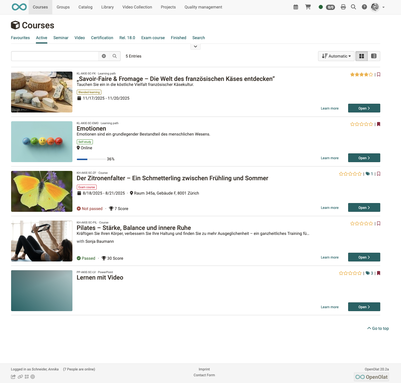 Optimized list view in the courses area