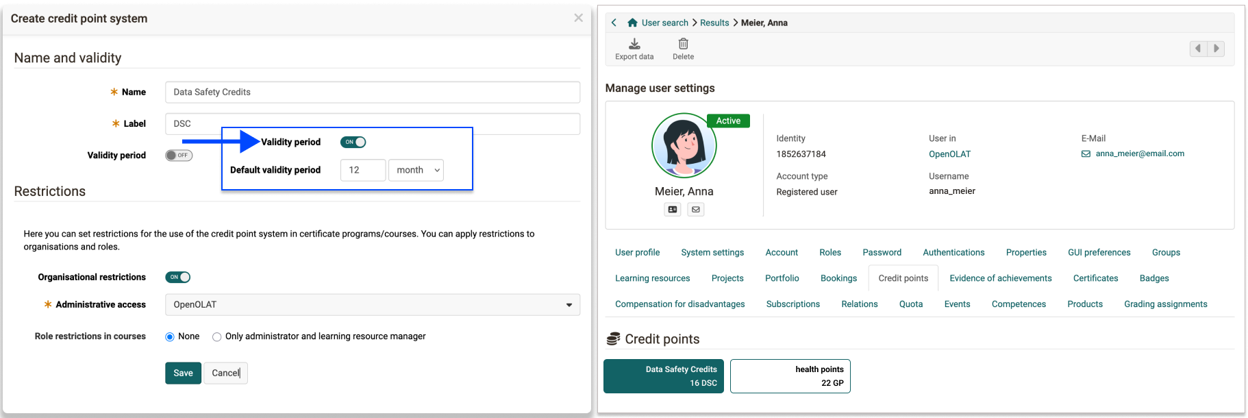 Einstellungen Kreditpunktesystem