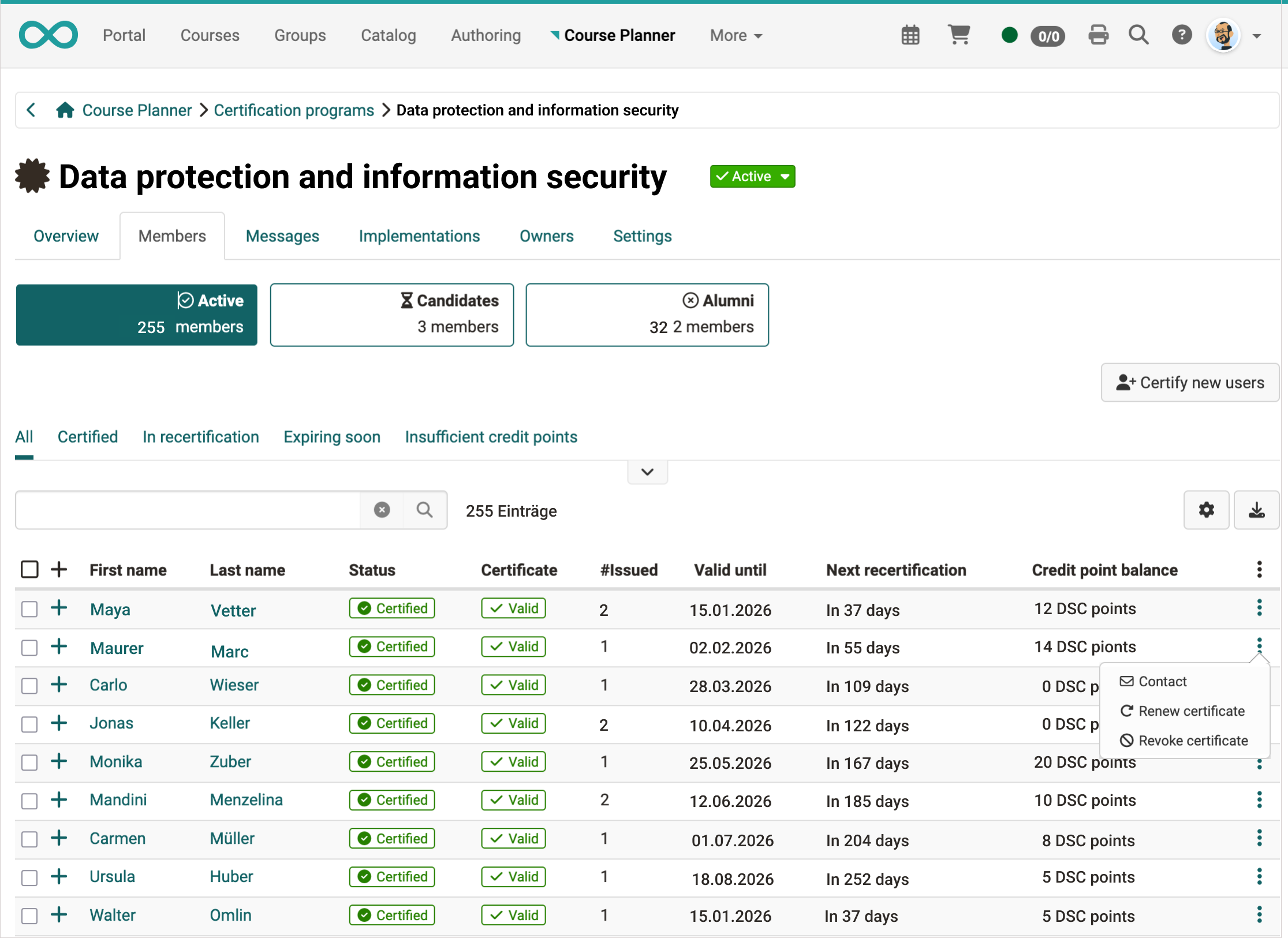 Mitgliederansicht Zertifikatsprogramm