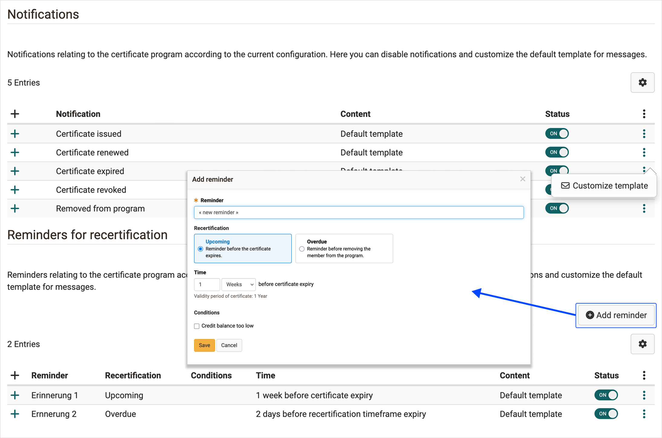 Benachrichtigungen Zertifikatsprogramm