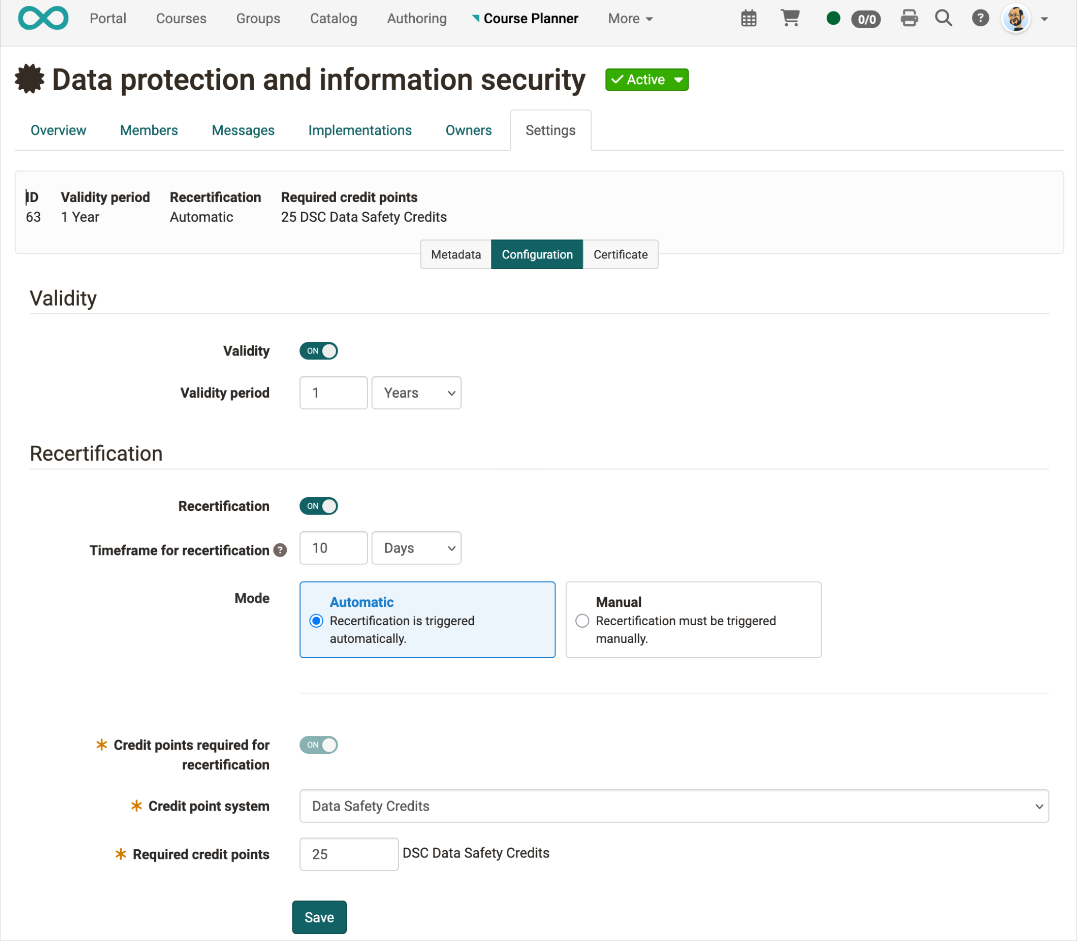 Einstellungen Zertifikatsprogramm