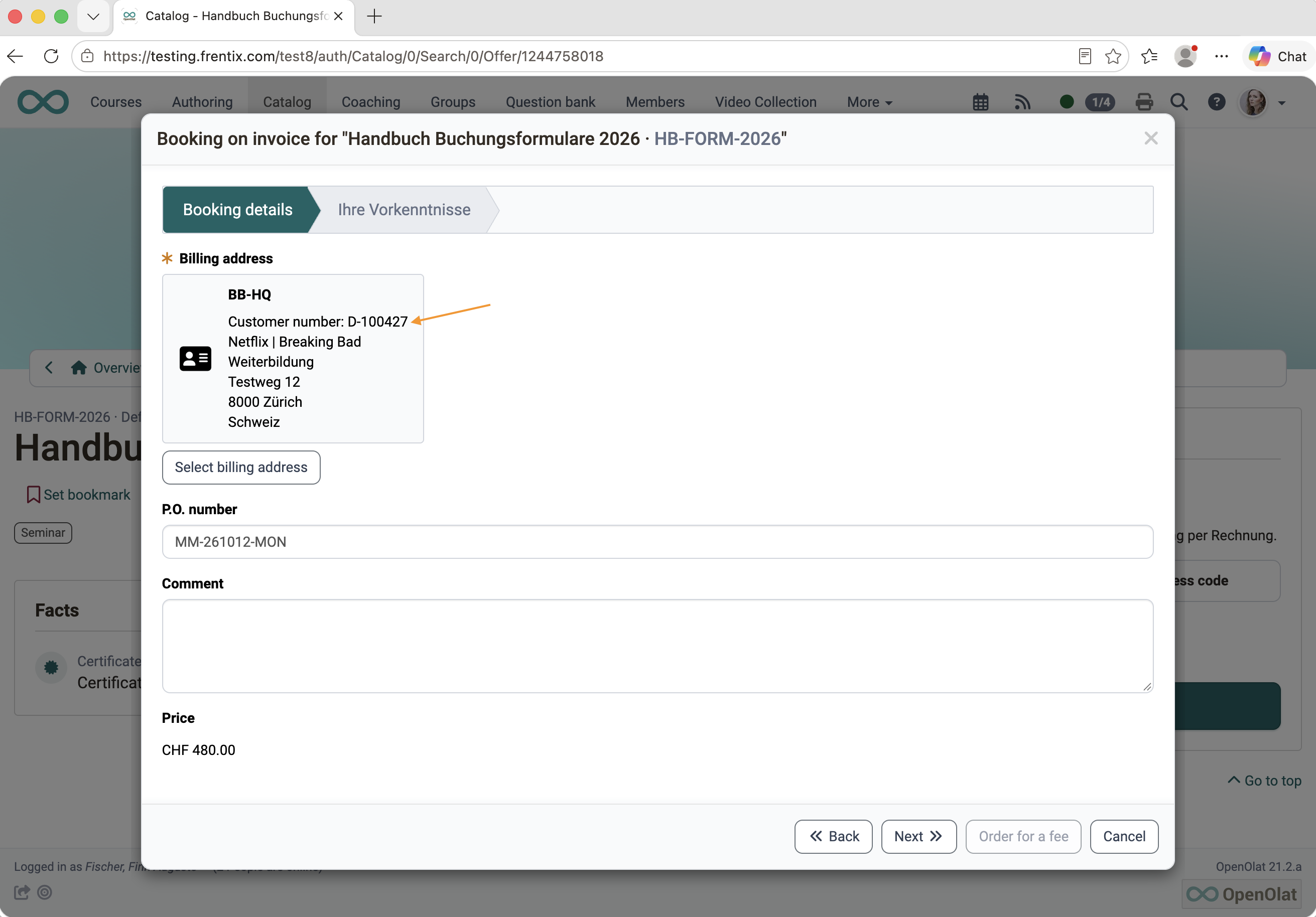 Booking with billing address and customer number Booking with billing address and customer number