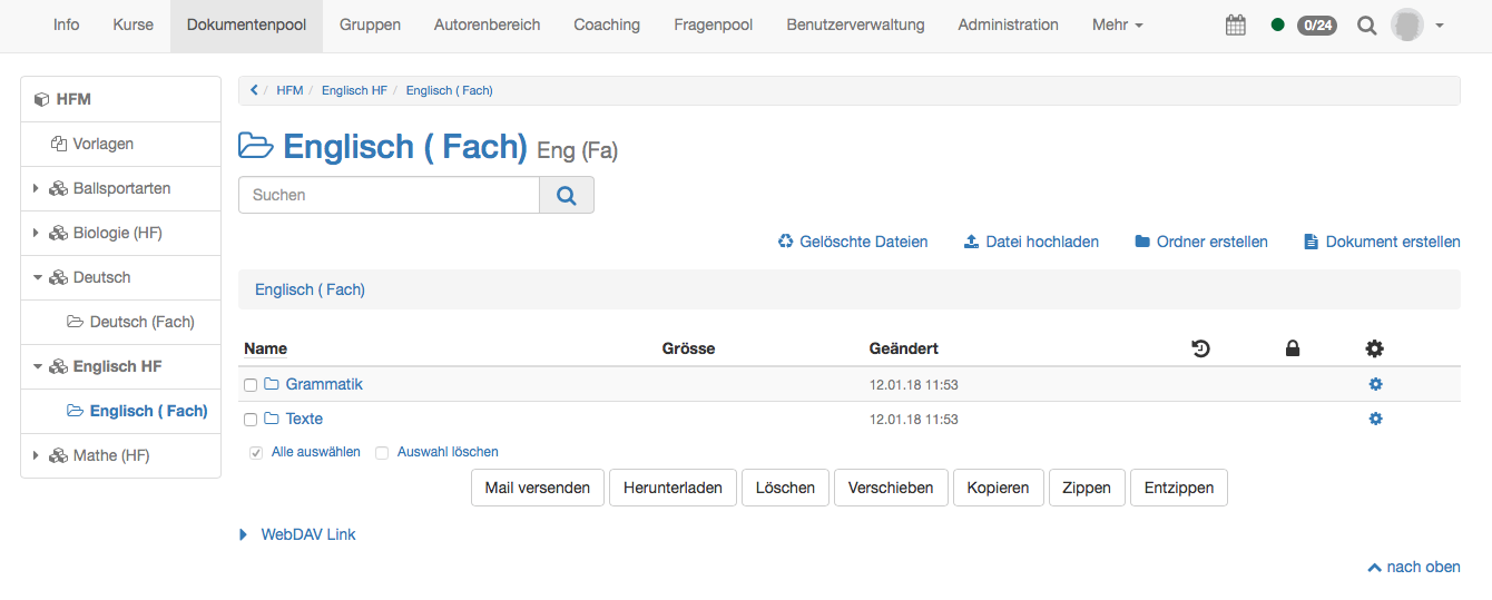 Site Document pool in the main navigation with the taxonomy on the left and the documents of the selected level on the right, here the folders Grammatik and Texte