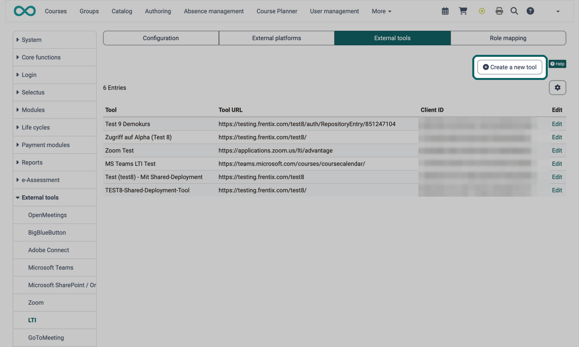 Tab External tools of the page LTI in the system administration ยท 2026.10.07 List of external tools with name, tool URL and client ID, the Create a new tool button marked