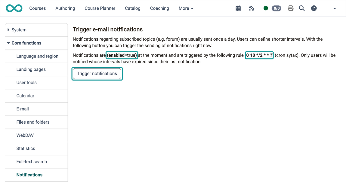 Status switched on, rule 0 10 */2 * * ? for sending every two hours and button Trigger notifications, page Trigger e-mail notifications in the Core functions