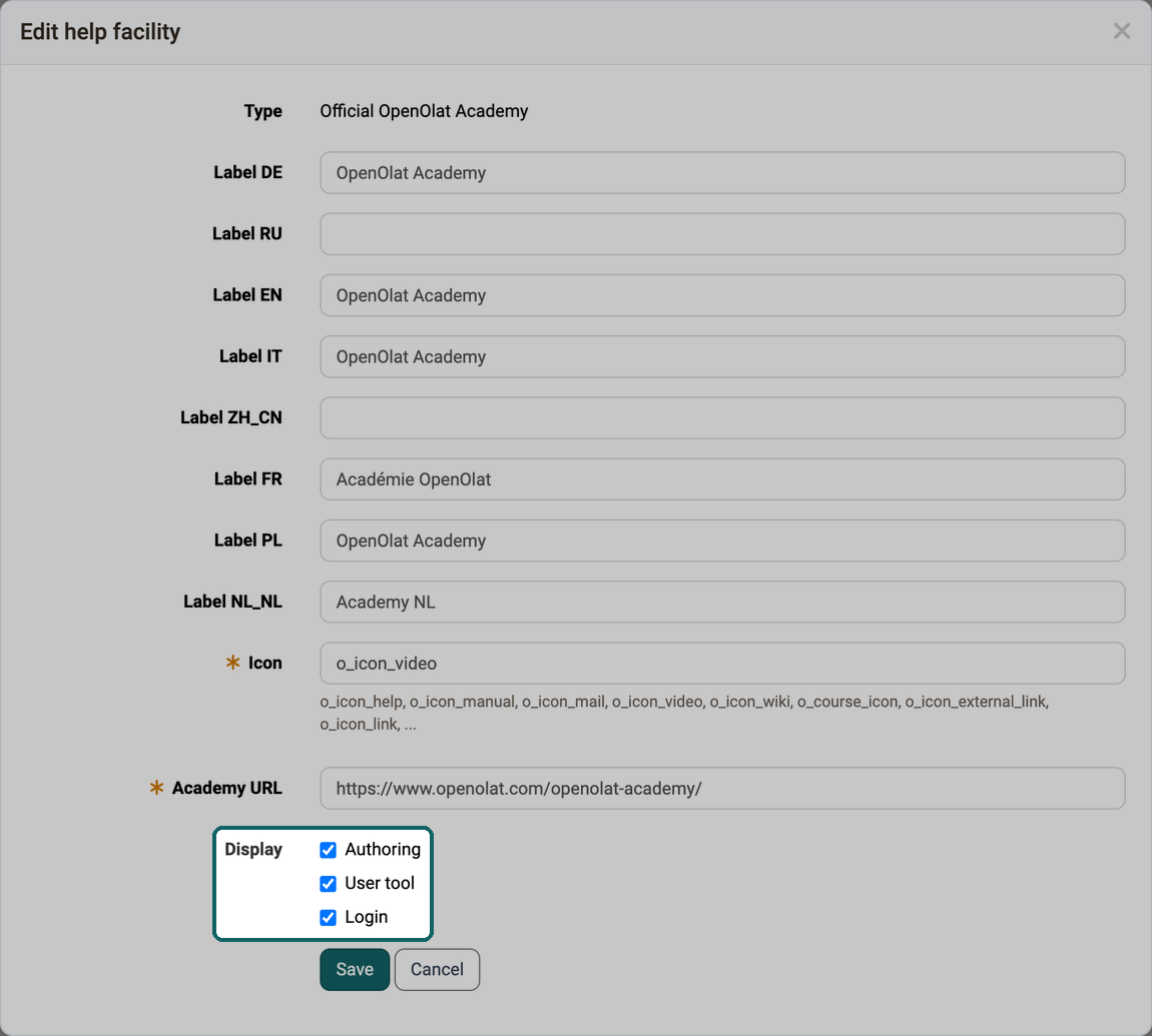 Under Display the three locations Authoring, User tool and Login where the help option appears, above them Type, Label per language, Icon and URL
