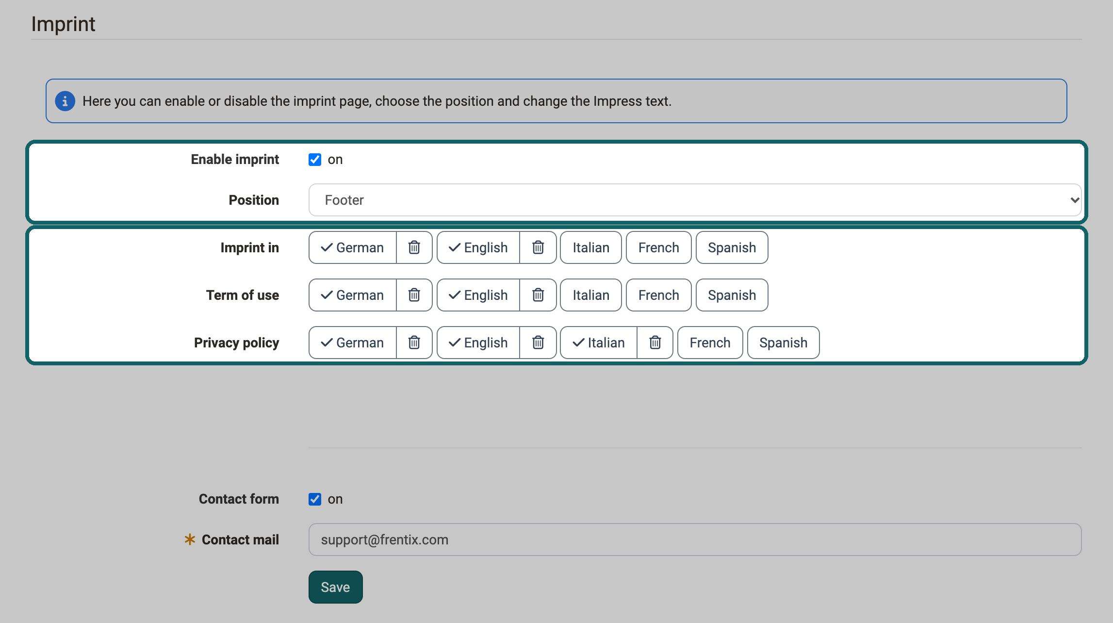 Imprint enabled and set to position Footer, below it the texts Imprint in, Term of use and Privacy policy, maintained per language