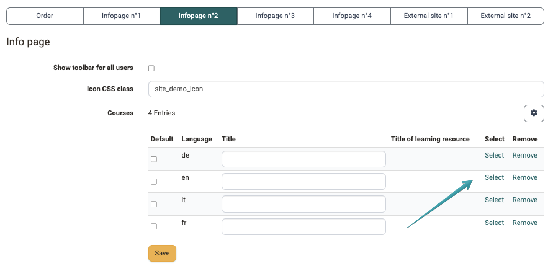 Info page tab on the Sites page: each language has its own title and its own learning resource, and the Icon CSS class determines the symbol of the tab
