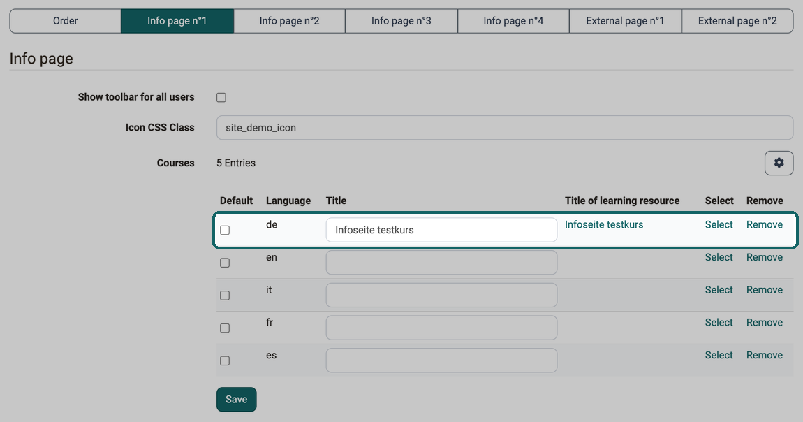 A separate title and a separate learning resource per language, the row for German highlighted, above it Show toolbar for all users and Icon CSS Class