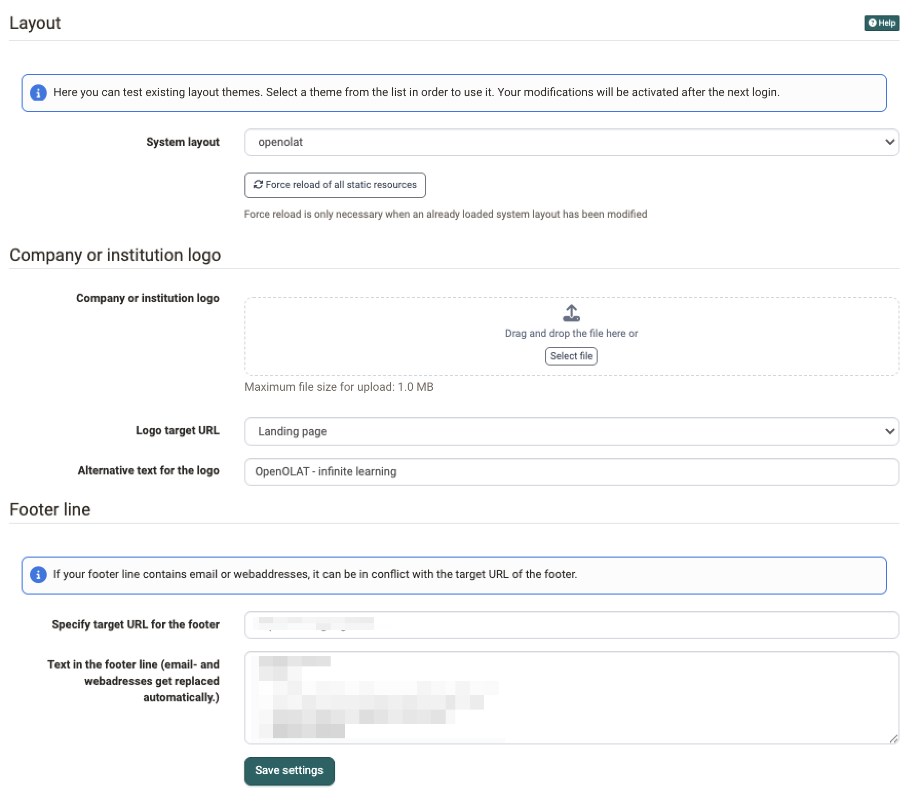 Layout page in the Customizing menu: system layout as a selection list, logo upload with target URL and alternative text, footer line with target URL and text