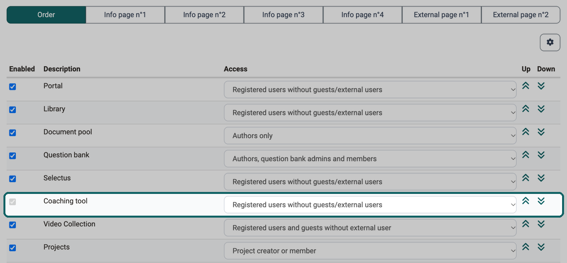 Enabled checkbox of the Coaching tool entry greyed out, access and the Up and Down arrows remain adjustable
