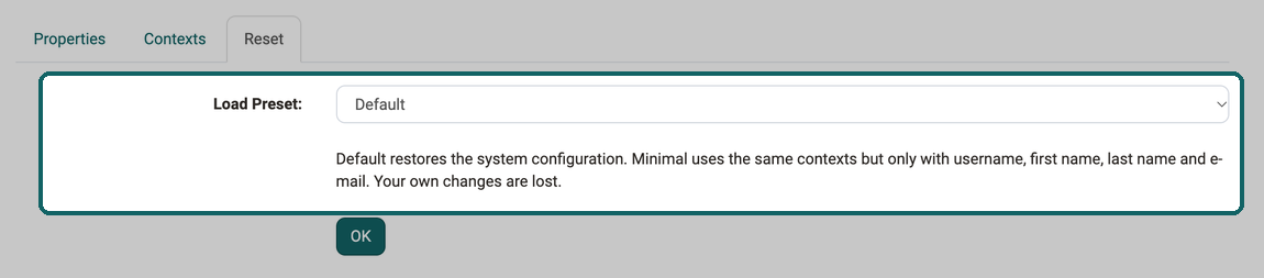 Drop-down Load Preset with the entry Default, below it the note on Default and Minimal and that your own changes are lost