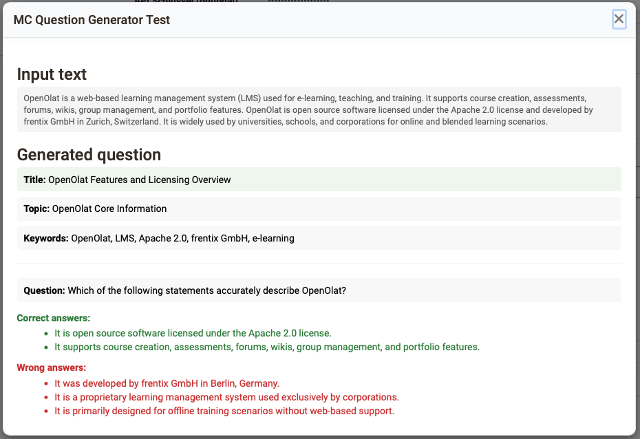 From the input text the AI generates title, topic, keywords, question and correct and wrong answers. MC Question Generator Test dialogue.