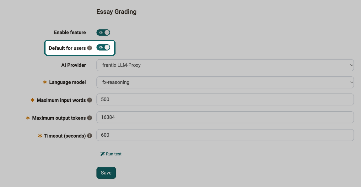 Essay Grading with the highlighted switch Default for users below Enable feature, so you find the default for AI feedback on free-text answers