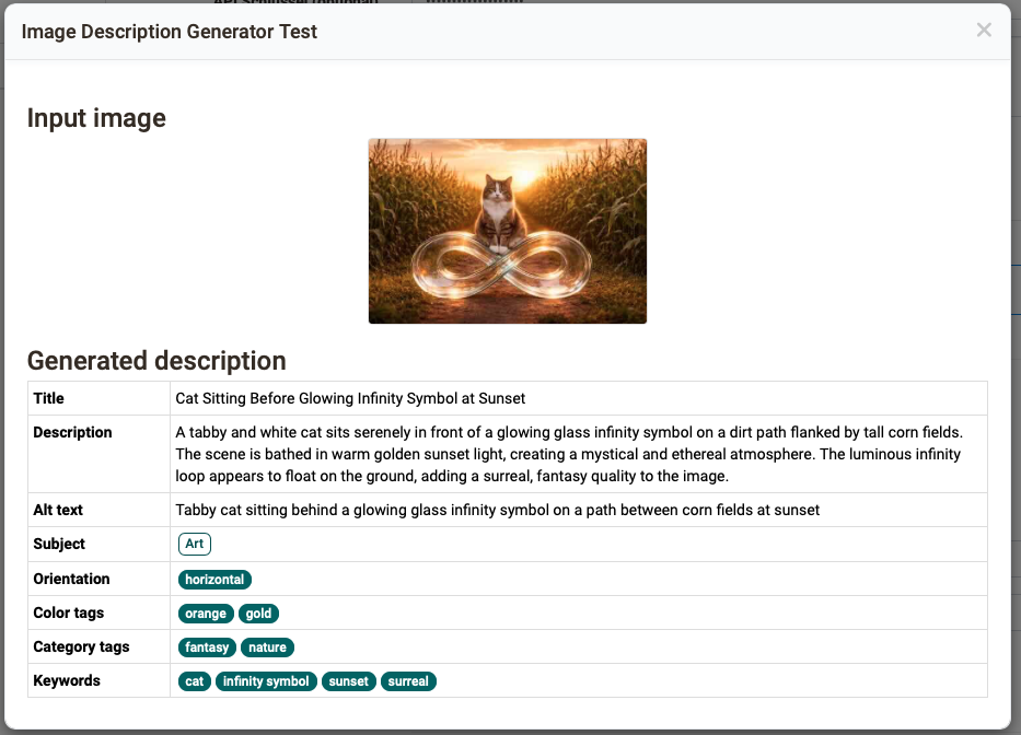 From the input image the AI generates title, description, alt text and several tags. Image Description Generator Test dialogue.