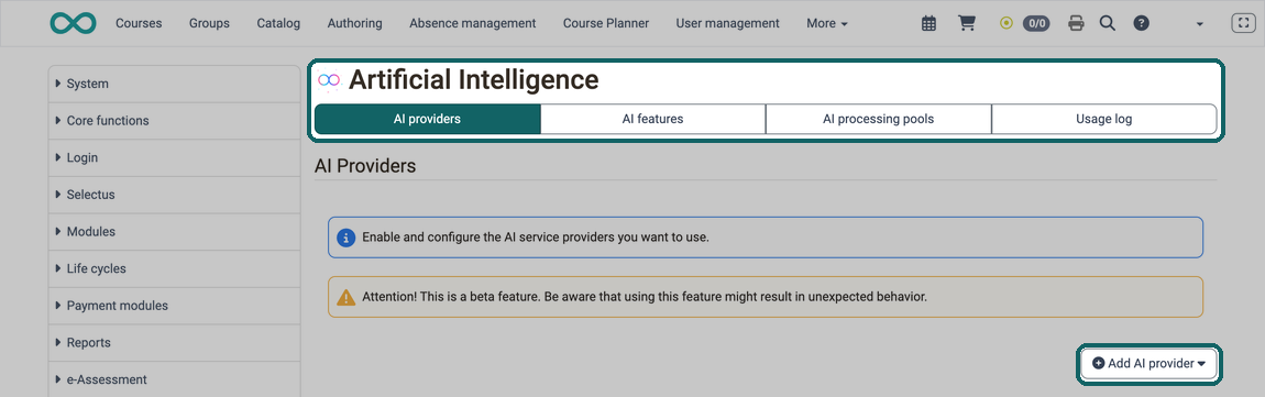 The tabs AI providers, AI features, AI processing pools and Usage log highlighted, at the bottom right the button Add AI provider, so you find the areas of this page