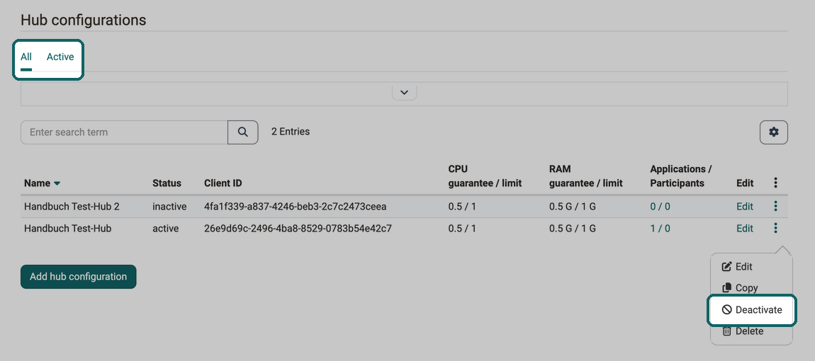 List of hub configurations with the All and Active tabs; the More actions menu of an active hub contains Deactivate