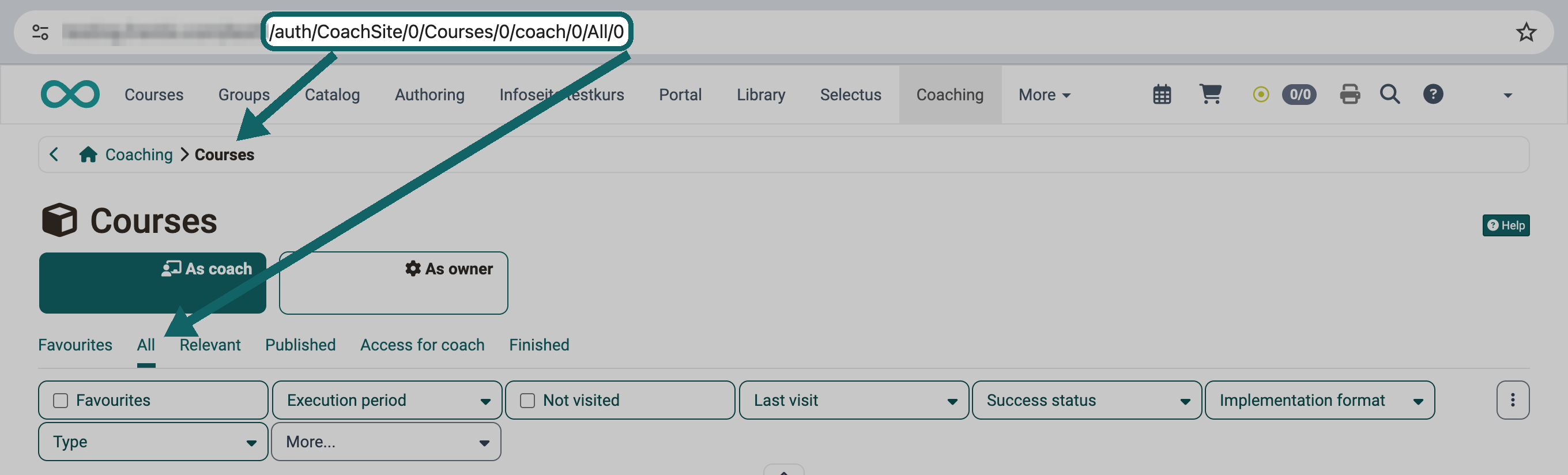 Arrows from the link CoachSite/0/Courses/0/coach/0/All/0 to the path Coaching > Courses and to the tab All under As coach