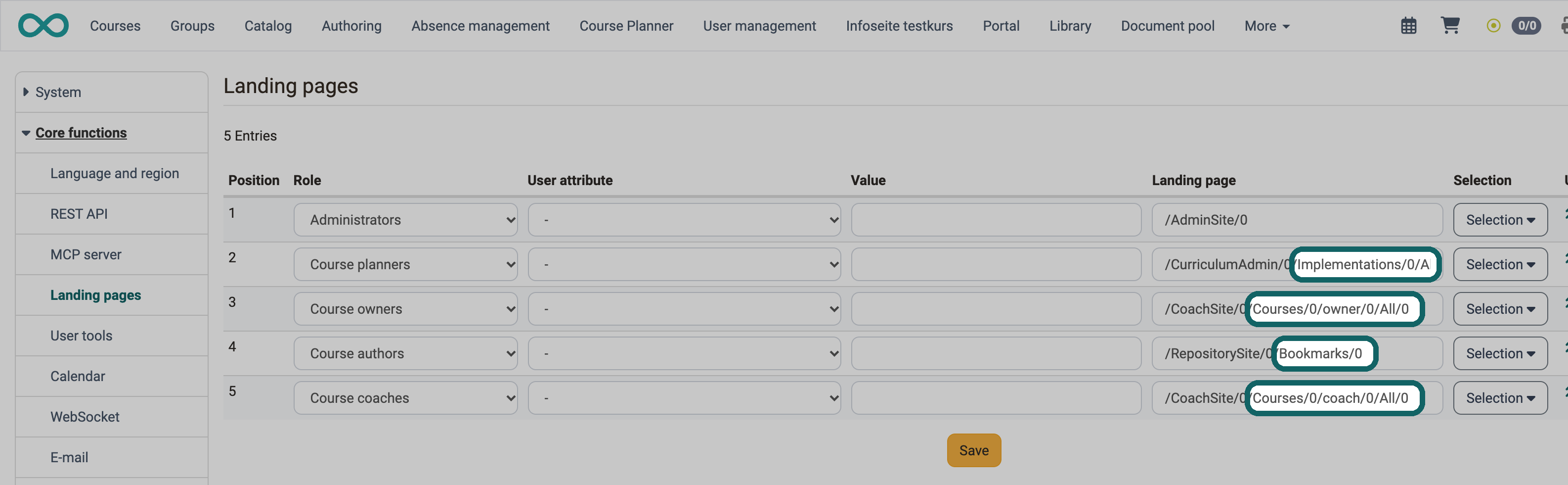 Five rules from Administrators to Course coaches, with the view and the tab marked in the paths of the column Landing page