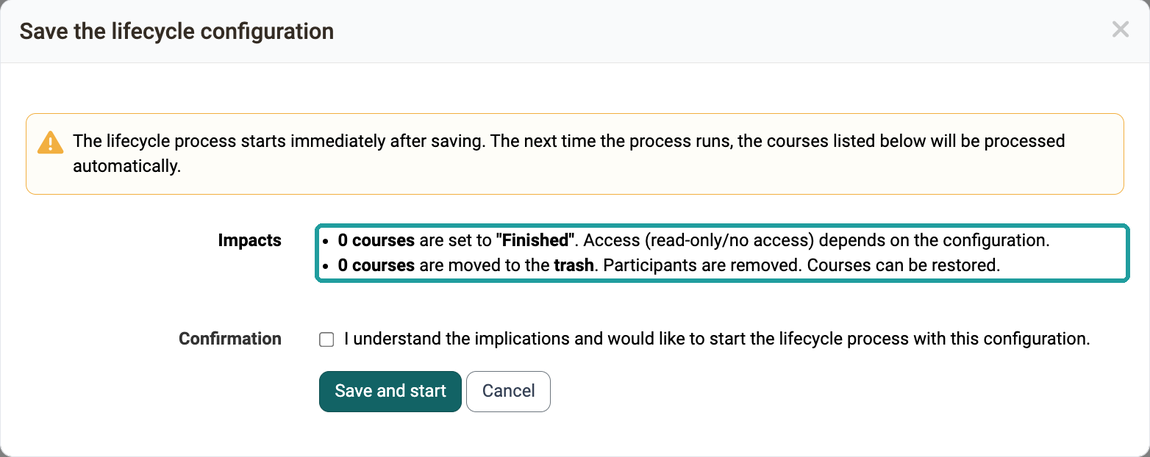 Marked list Impacts with the number of courses per step, below it the checkbox Confirmation and the button Save and start, dialog Save the lifecycle configuration