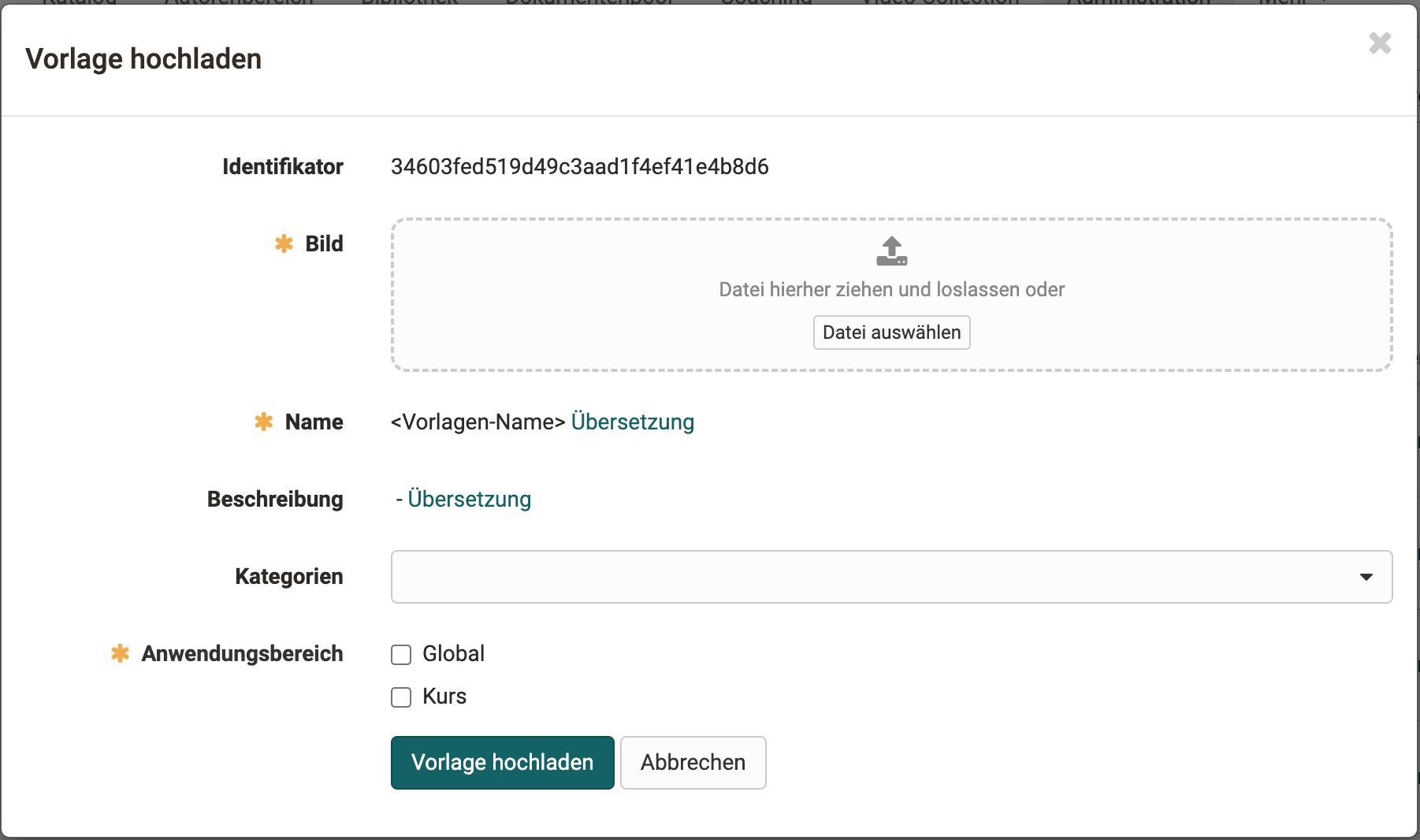 Mandatory fields Image, Name and Scope with the options "global" and "course", the link "Translation" next to Name and Description