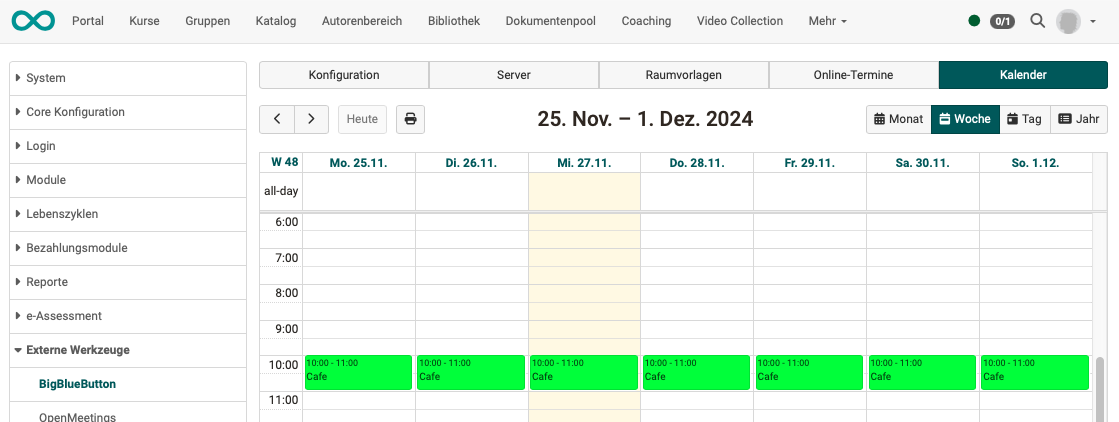 Calendar tab of the BigBlueButton module: all online meetings of the instance in the week view, switchable to month, day and year