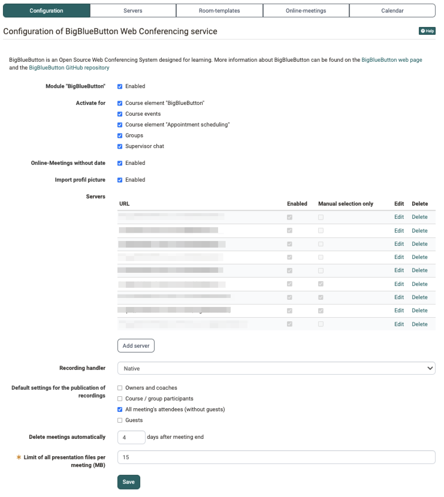Configuration tab of the BigBlueButton module: the module is activated separately for course elements, course events, groups and the supervisor chat, followed by the server list, the recording handler and the retention period of the online meetings